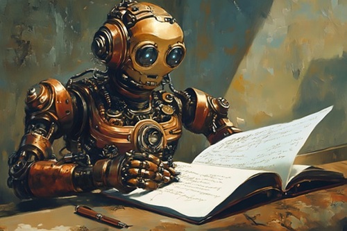 a bronze robot reading a book